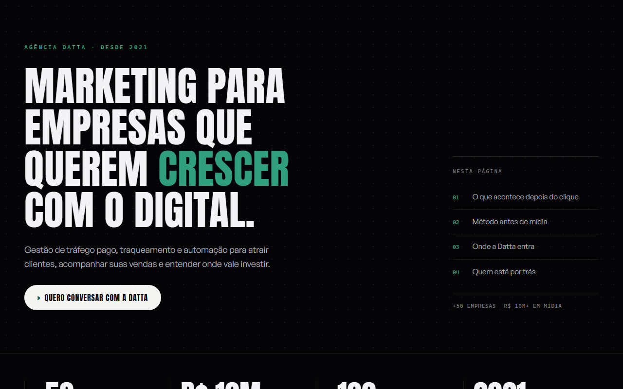 Página de tráfego da Datta: fundo escuro, título condensado e destaque verde, com índice lateral e botão de contato.